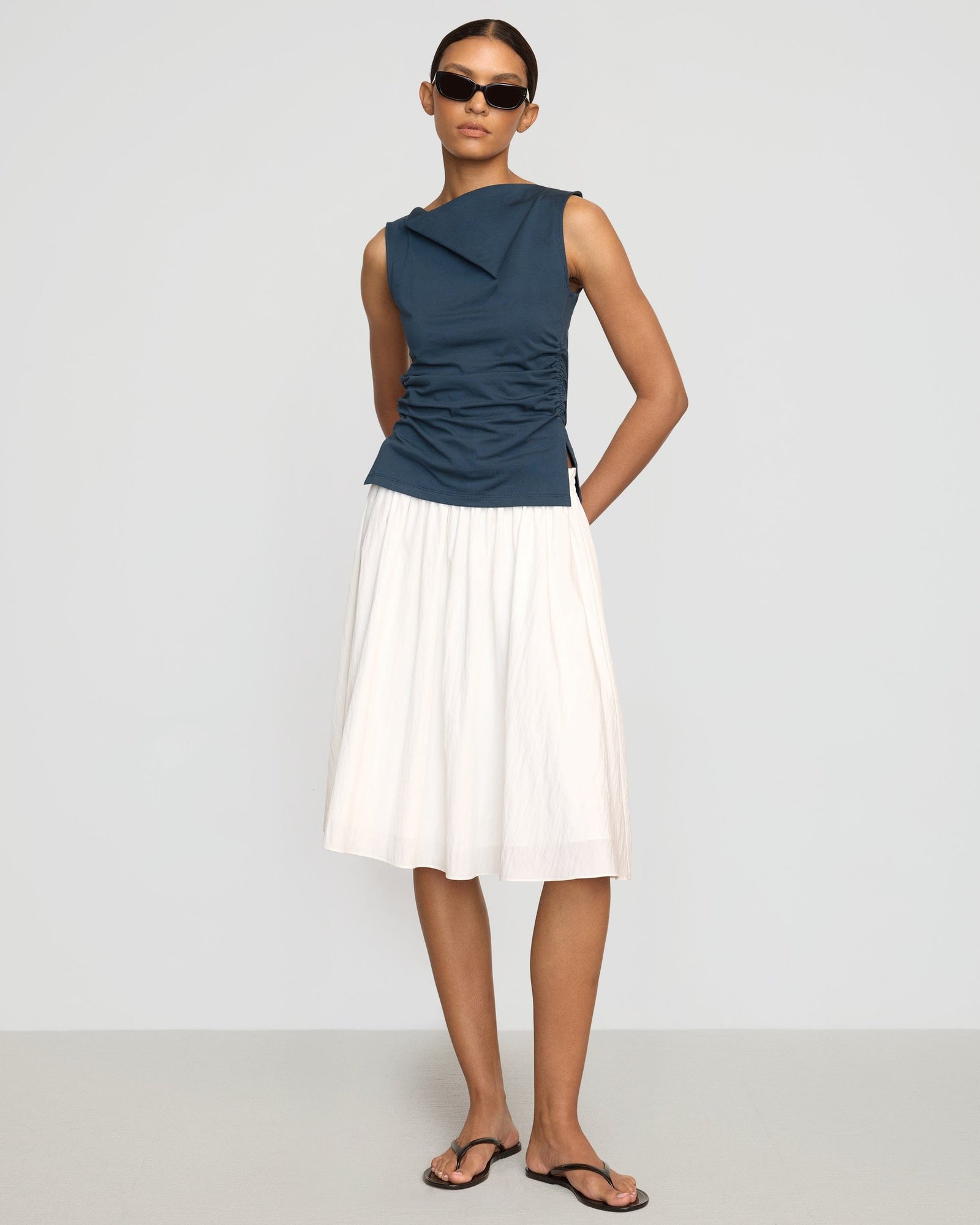 Josie Shirred-Side Cowl-Neck Tee