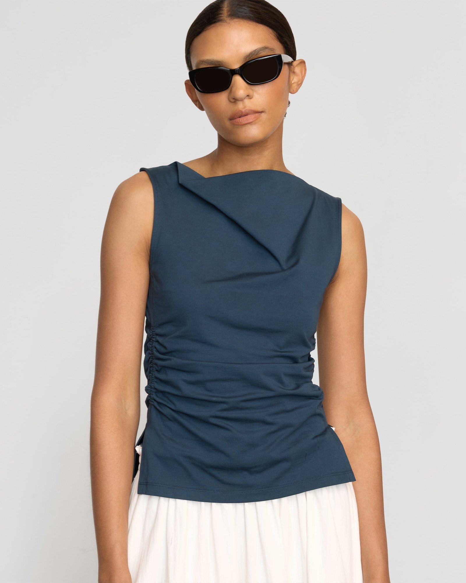 Josie Shirred-Side Cowl-Neck Tee