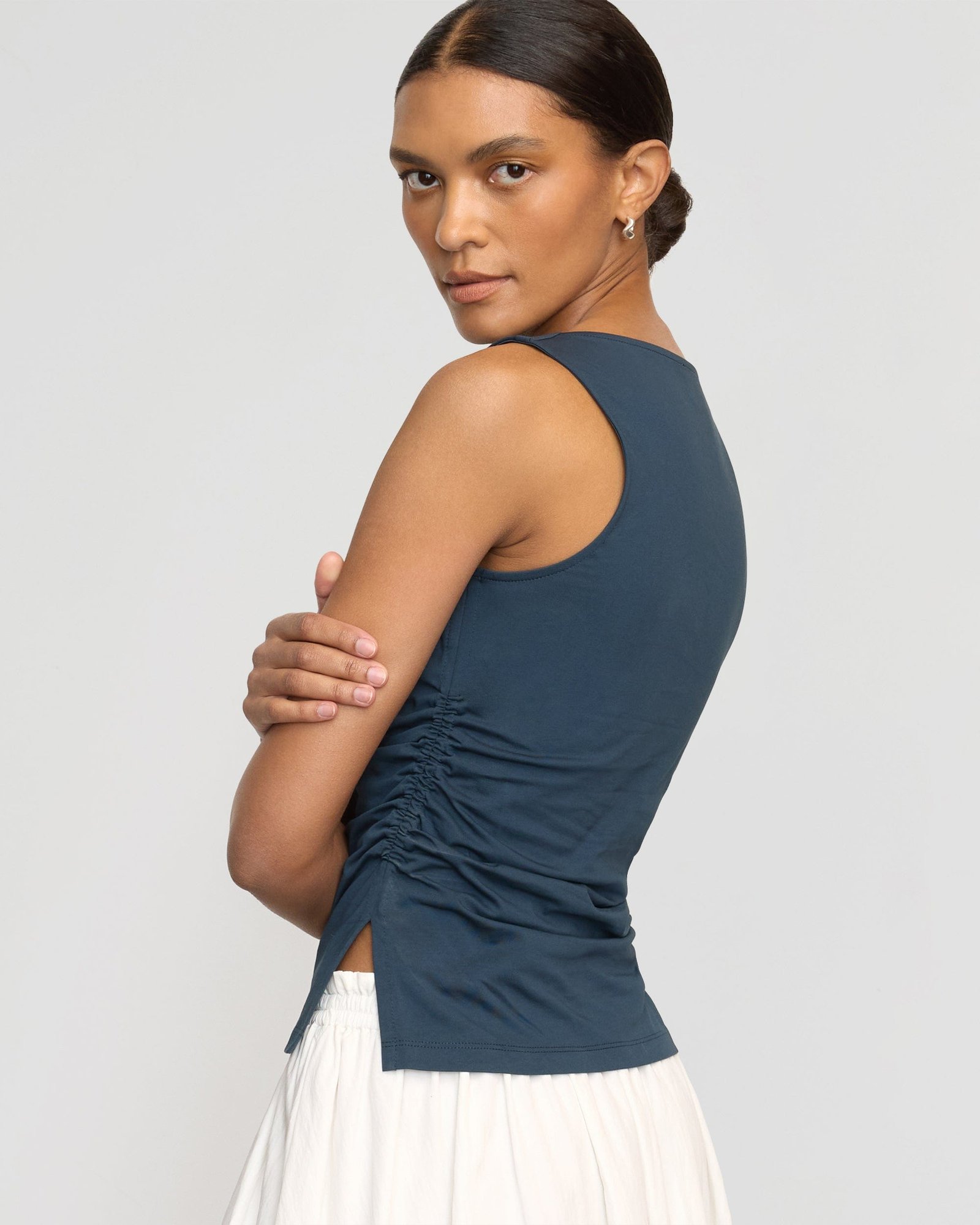 Josie Shirred-Side Cowl-Neck Tee