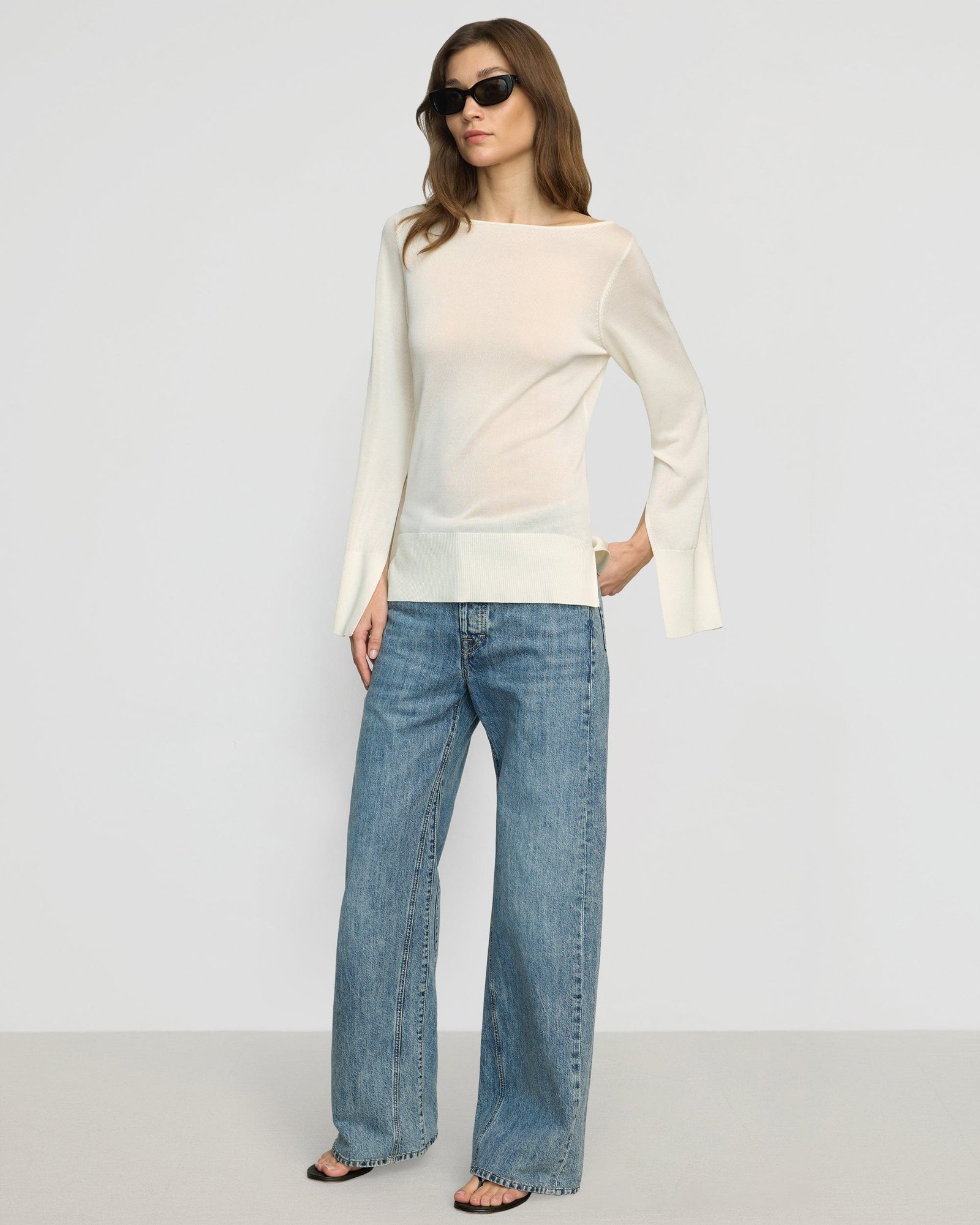 Keegan Semi-Sheer Slit-Neck Knit Top
